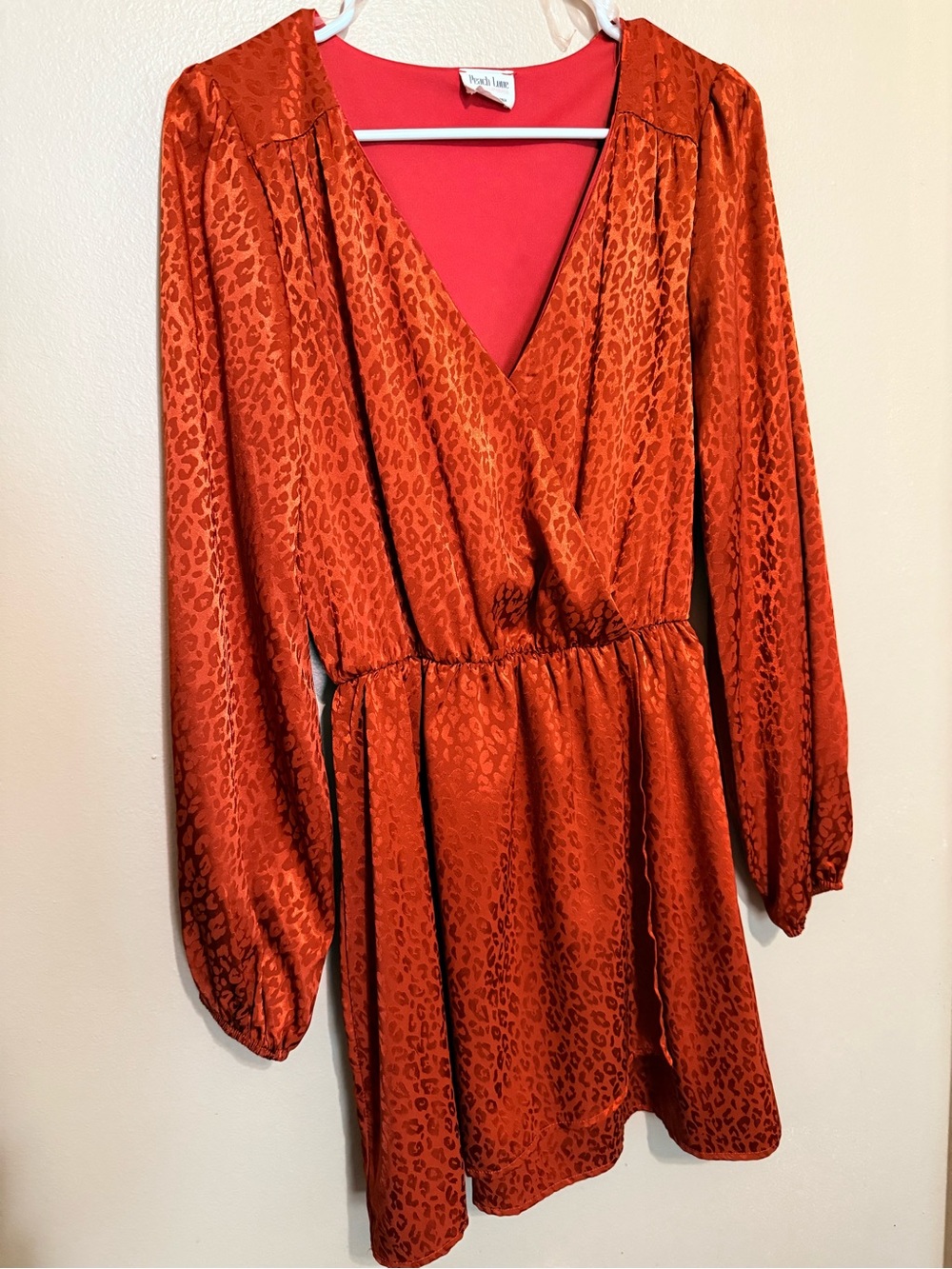 Peach Love California Orange Leopard Satin V-Neck Long Sleeve Mini Dress